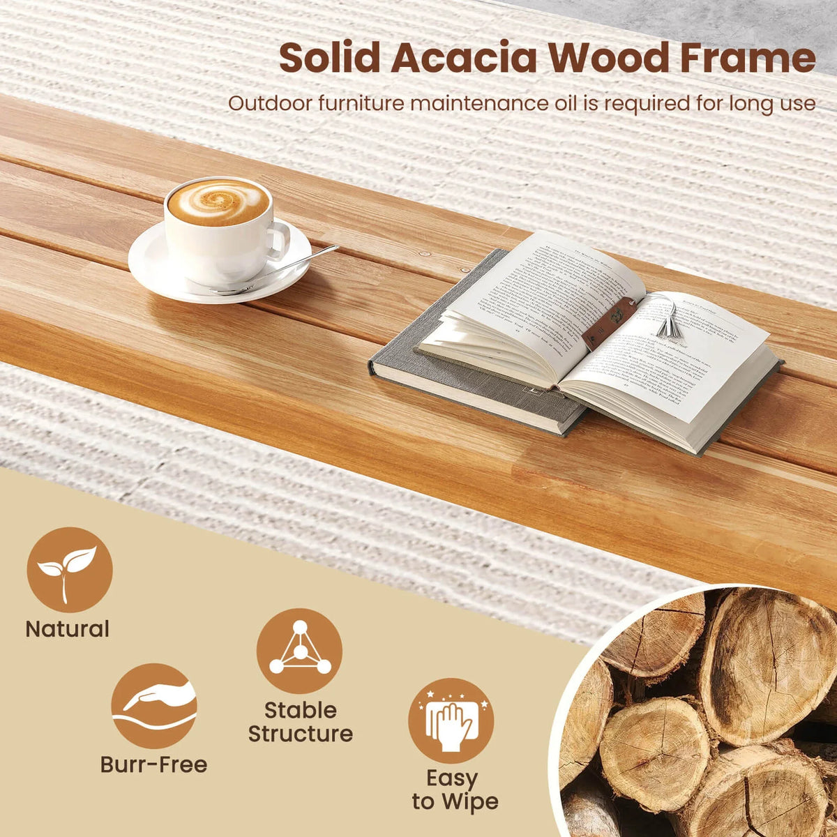 Costway 63" Long Outdoor Acacia Wood Bench Seats up to 3 Persons for Garden Porch