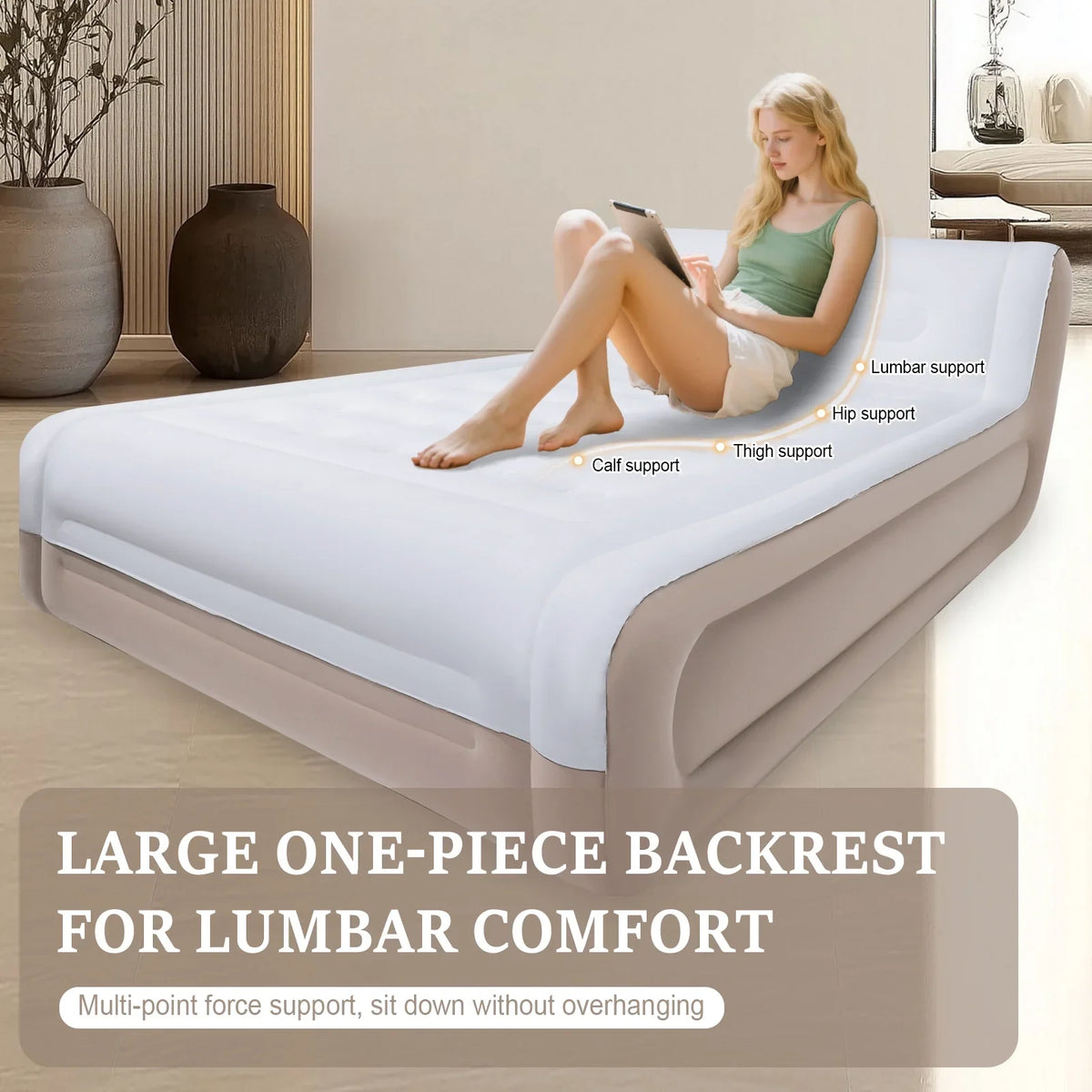 Luxury Queen Air Mattress with Headboard,18" Velvet Inflatable Mattress,Built-in USB-C Electric Pump,Premium Comfort for Home, Guests & Travel(Khaki)