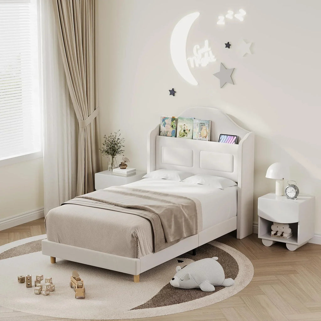 BouPower Twin Size Bed Frame with LED Lights,Platform Bed with Wing Back Storage Headboard,Upholstered Twin Bed,No Box Spring Needed,Easy Assembly