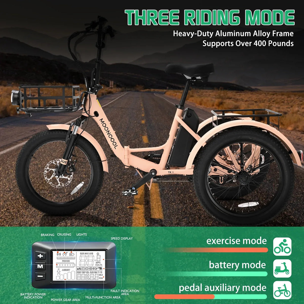MOONCOOL TK1 Folding Electric Tricycle for Adults,48V 14.5Ah Removable battery, 500W"Peak 1000w"Motor, 20" Fat Tire Step-Thru 3Wheel Electric Bicycle w/Front&Rear Baskets, Certified to UL 2849 by SGS
