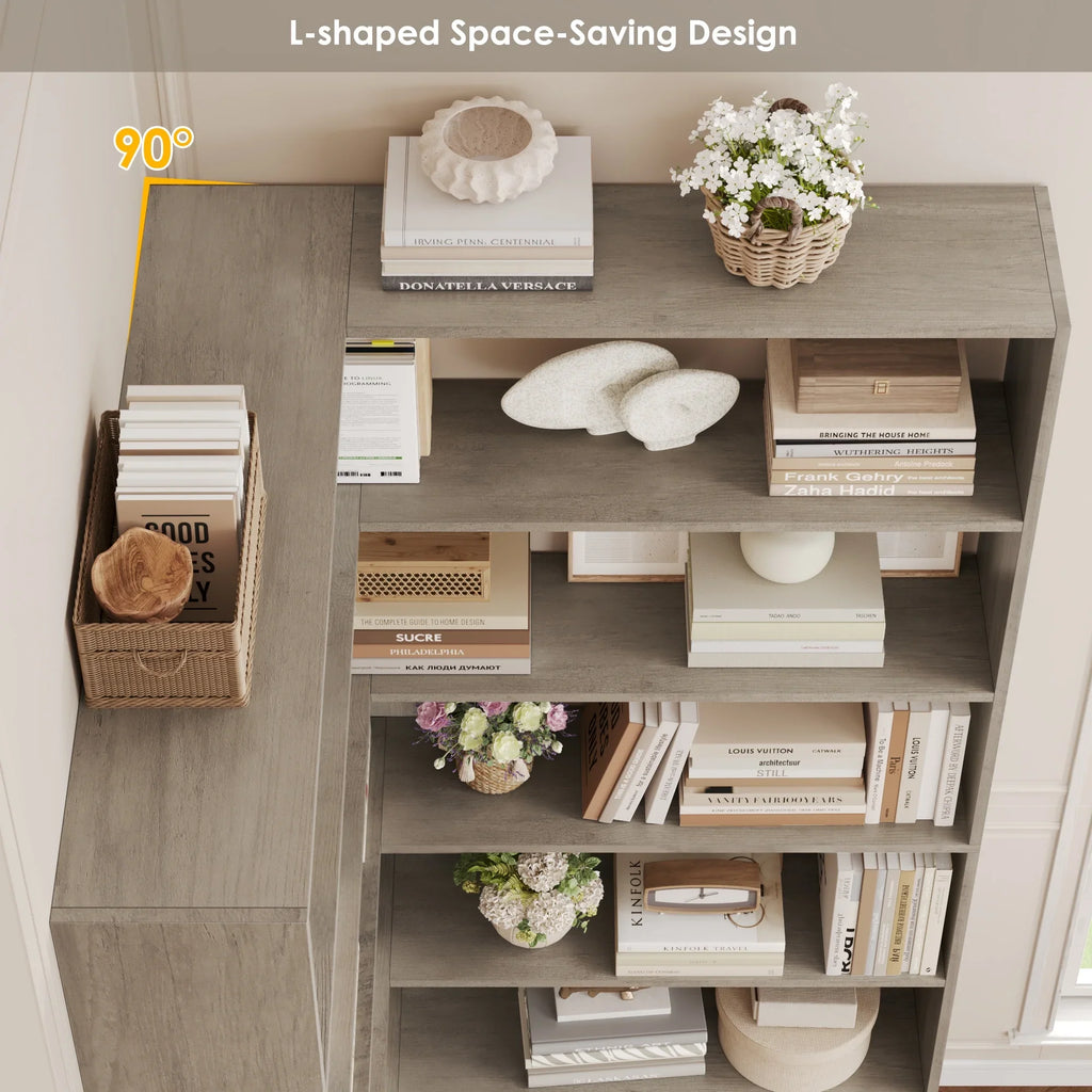 Homfa 6-Tier Corner Bookcase, L-Shaped Bookshelf with Baffle, Storage Display Rack for Office Living Room, Gray