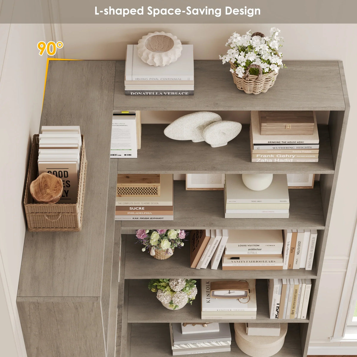 Homfa 6-Tier Corner Bookcase, L-Shaped Bookshelf with Baffle, Storage Display Rack for Office Living Room, Gray
