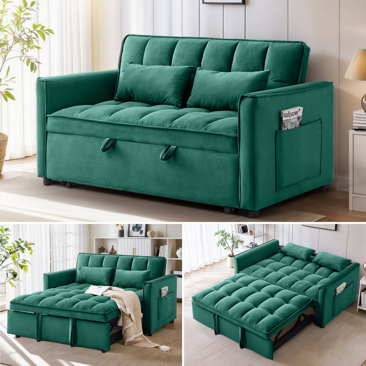 EPOWP Convertible Sofa Bed, 3 in 1 Pull Out Sleeper Loveseat Couch with Storage, Black