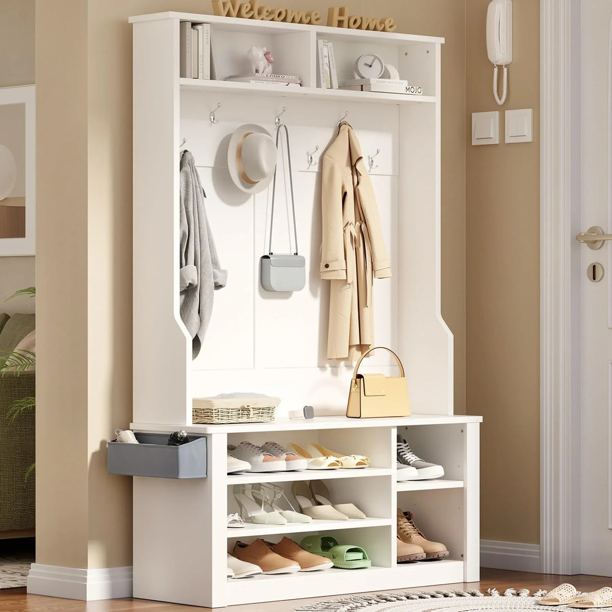 Lofka 5-in-1 Hall Tree with Bench and Shoe Storage, Entryway Hall Tree with Coat Rack, Adjustable Shoe Storage, 2-tier top storage,White