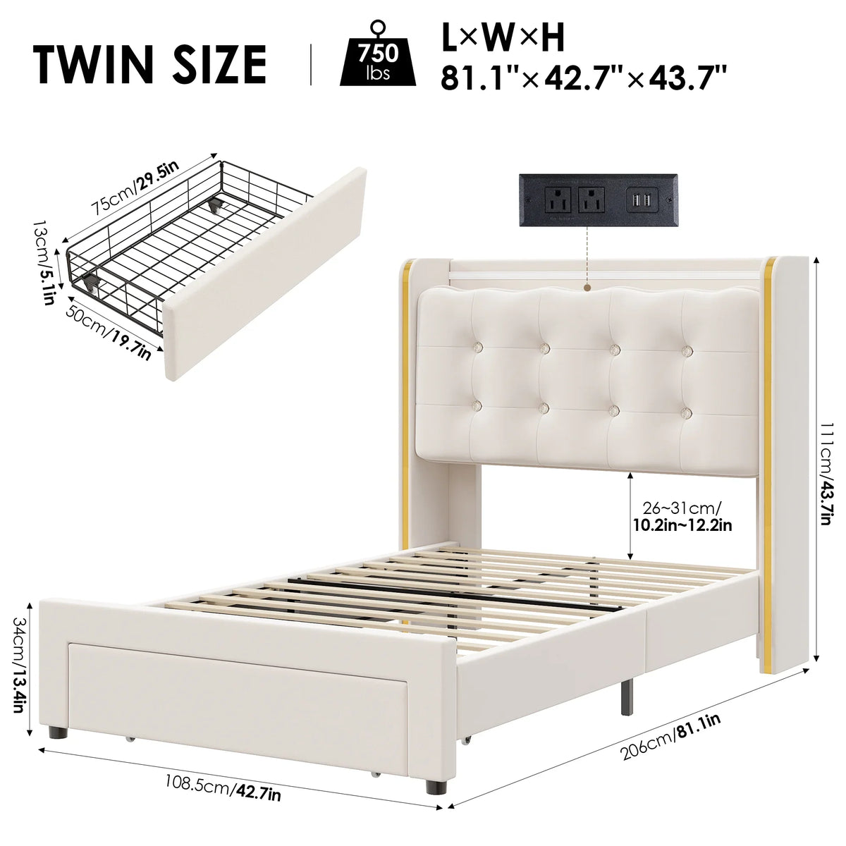 Homfa Twin Size LED Bed Frame with Drawer, Velvet Crystal Button Upholstered Platform Bed Frame with Outlets and USB Ports & Display Platform, No Box Spring Needed, Pink
