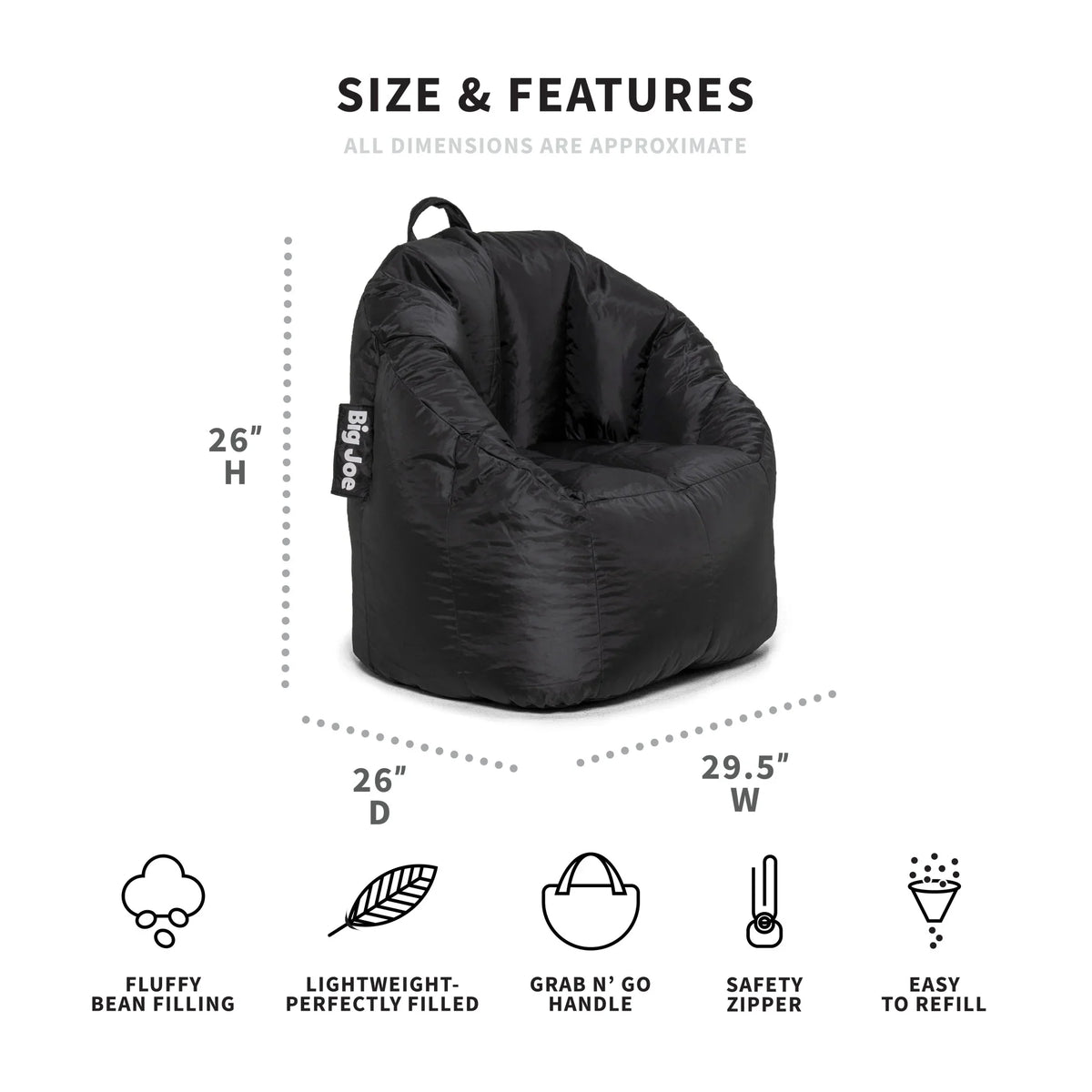 (2 pack) Big Joe Joey Bean Bag Chair, Smartmax, Kids/Teens, 2.5ft, Black