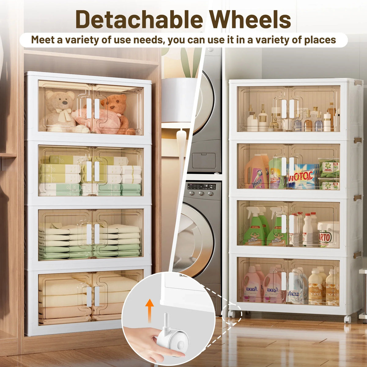 AZULLIA 290QT Stackable Plastic Collapsible Storage Bins with Lids, Wheels, Doors, 5 Pack GS01