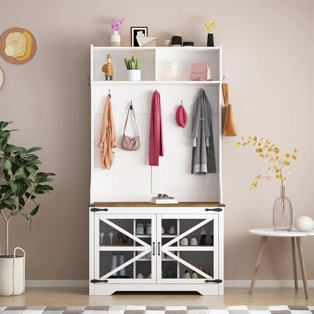 GOGRANT Farmhouse Entryway Bench with Coat Rack, 7 Shoe Cubbies & 7 Coat Hooks Hall Tree with Shoe Storage Bench, Top Sorage, 4-in-1 Mudroom Storage Cabinet, white