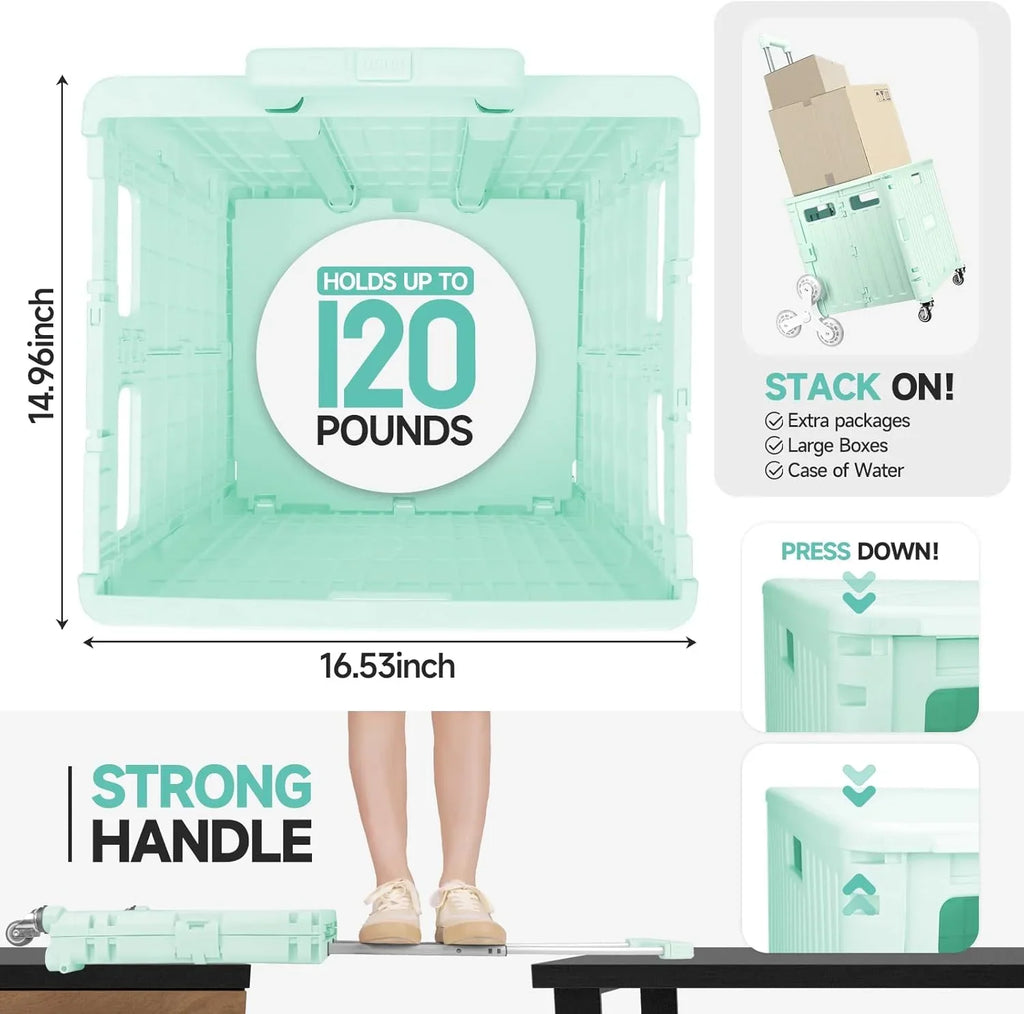 Collapsible Rolling Crate for Stair Climbing: Rolling Cart for Shopping Teacher Laundry (Milky White)