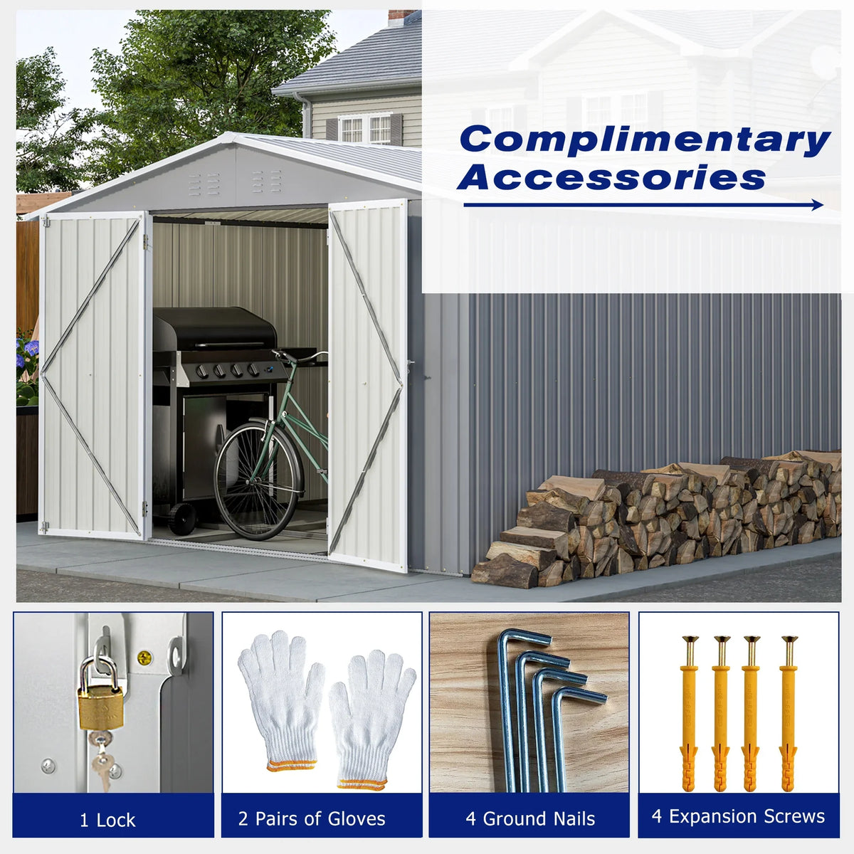 LZBEITEM 10 x 10 ft Outdoor Storage Shed with Floor Frame Kit, Galvanized Steel Garden Sheds, Garden Tool Shed with Double Lockable Doors for Backyard Patio Lawn, Grey