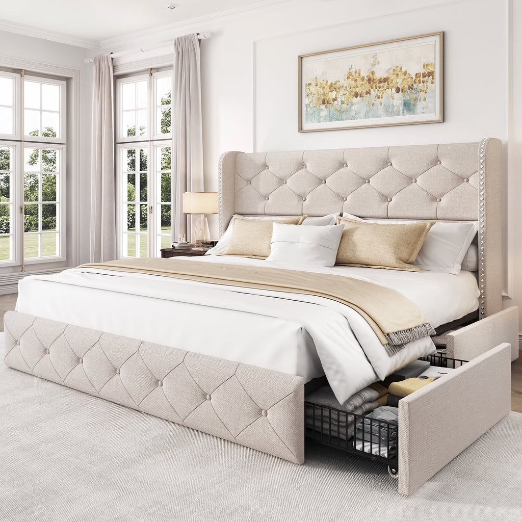 LARMACE Queen Size Platform Bed Frame with 4 Storage Drawers and Tufted Headboard Linen Upholstered Bed Wingback Bed Frame with Wooden Slats Support, Easy Assembly, Light Grey
