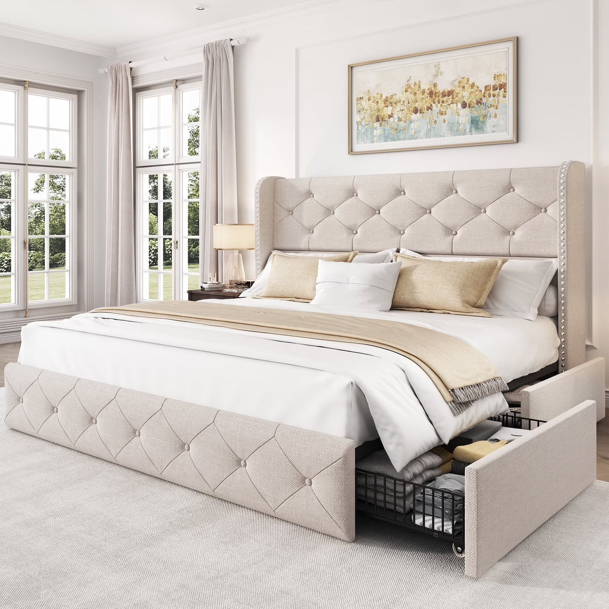 LARMACE Queen Size Platform Bed Frame with 4 Storage Drawers and Tufted Headboard Linen Upholstered Bed Wingback Bed Frame with Wooden Slats Support, Easy Assembly, Light Grey
