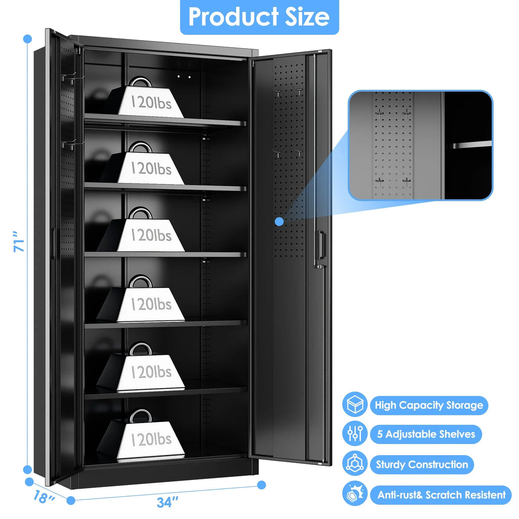 GAEANET 2 Door Metal Storage Cabinet with 5 Adjustable Shelves &Pegboard, 71" H"32" W"16" D Locking Steel Garage Cabinet, for Garage,Office,Home,Gym,School, File Cabinet,Assembly Required, Black