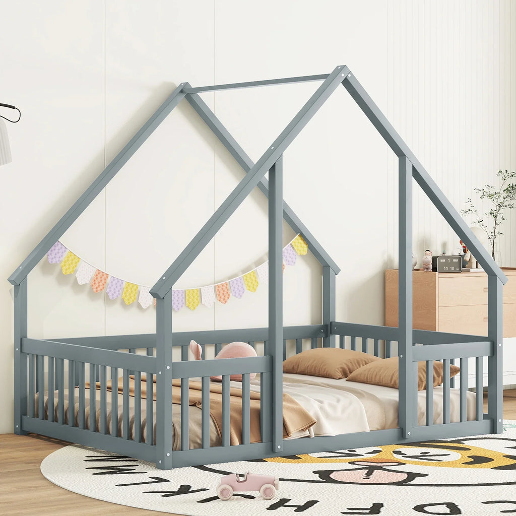 Bellemave Twin Size Floor Bed Frame, Wooden House Bed Twin Size with Fence, Montessori Bed with Guardrails for Bedroom (White)