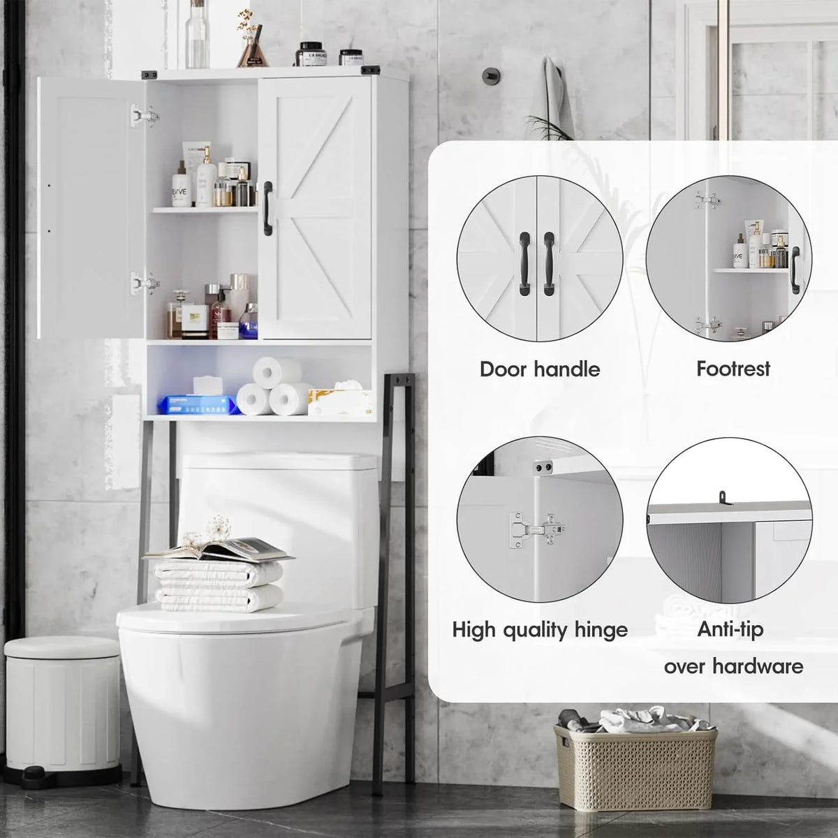 Vabches Over The Toilet Storage Cabinet, 68" H Farmhouse Freestanding Bathroom Storage Organizer with Double Doors & Storage Shelves