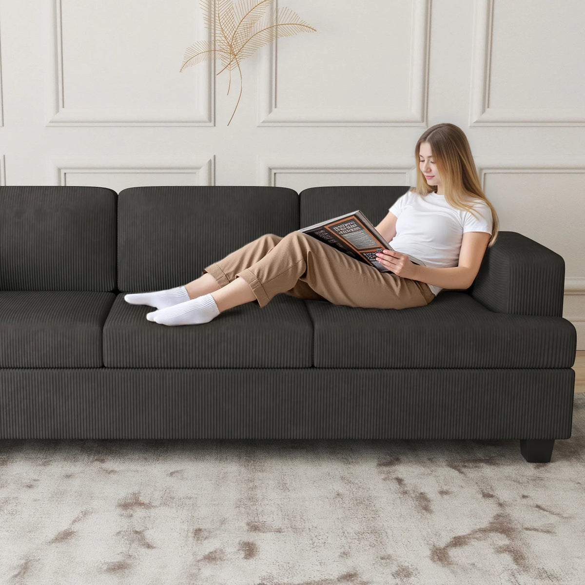 LUMIHO 89" Modern Corduroy Sofa,3 Seater Couches for Living Room, Bedroom,with Deep Seat,beige