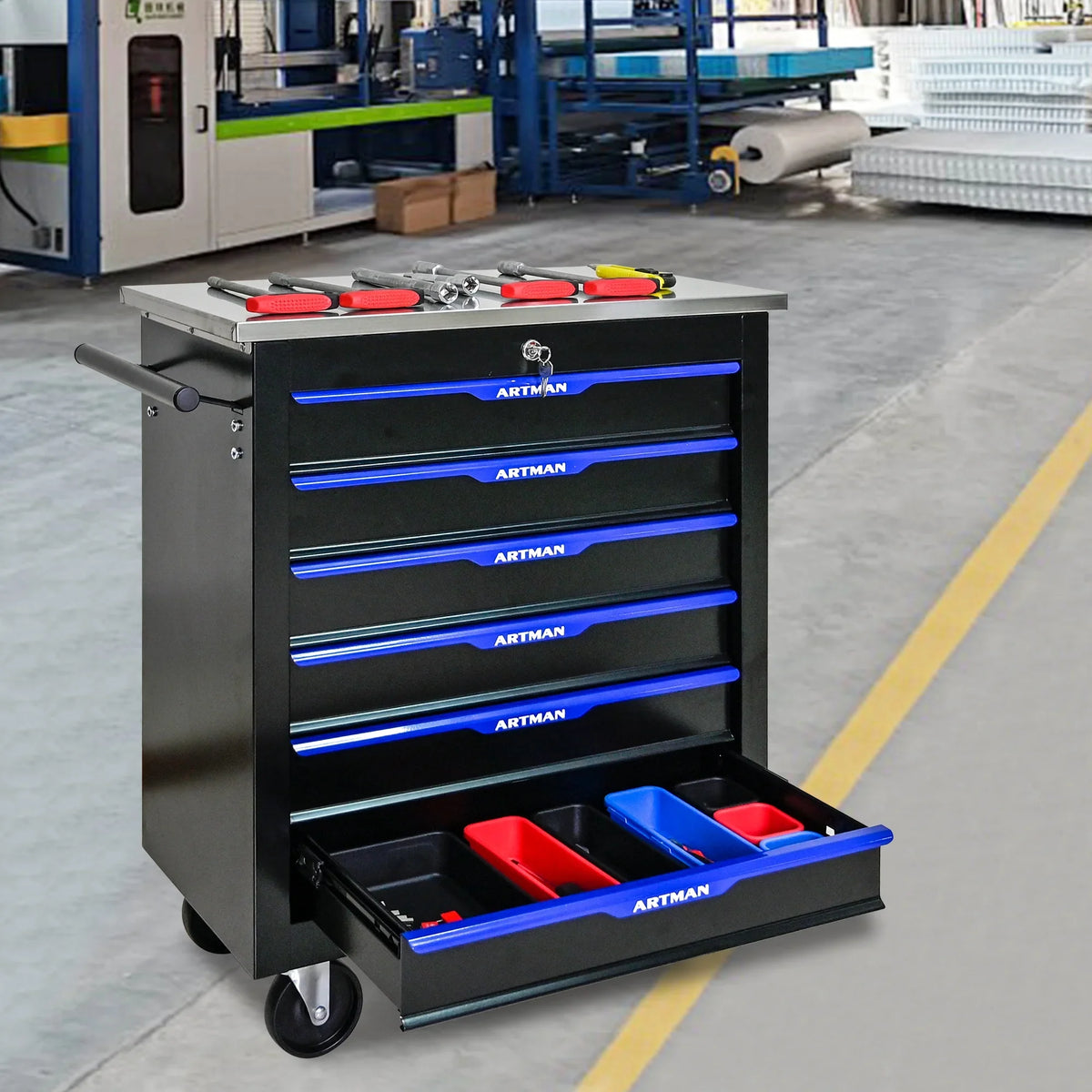 ARTMAN 6-Drawer Tool Storage Chest with Lockable Wheel,6 Drawer Tool Storage Cabinet for Garage, Warehouse, Repair Shop