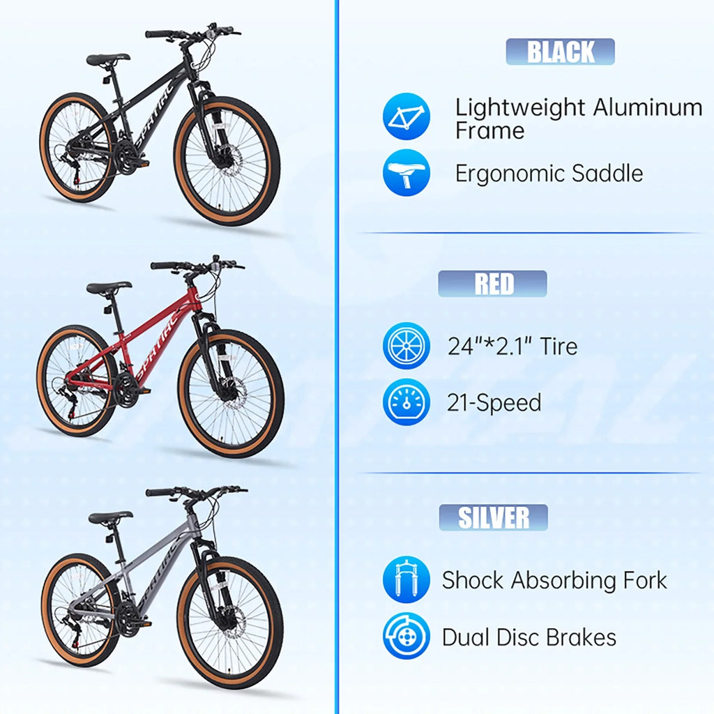 SPATIAL 24 inch Mountain Bicycle for Teenagers,21-Speed Gears MTB Mountain Bikes,Aluminum Frame Dual Disc Brakes