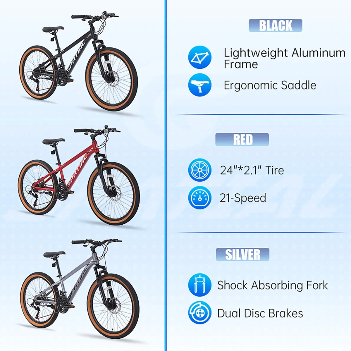 SPATIAL 24 inch Mountain Bicycle for Teenagers,21-Speed Gears MTB Mountain Bikes,Aluminum Frame Dual Disc Brakes