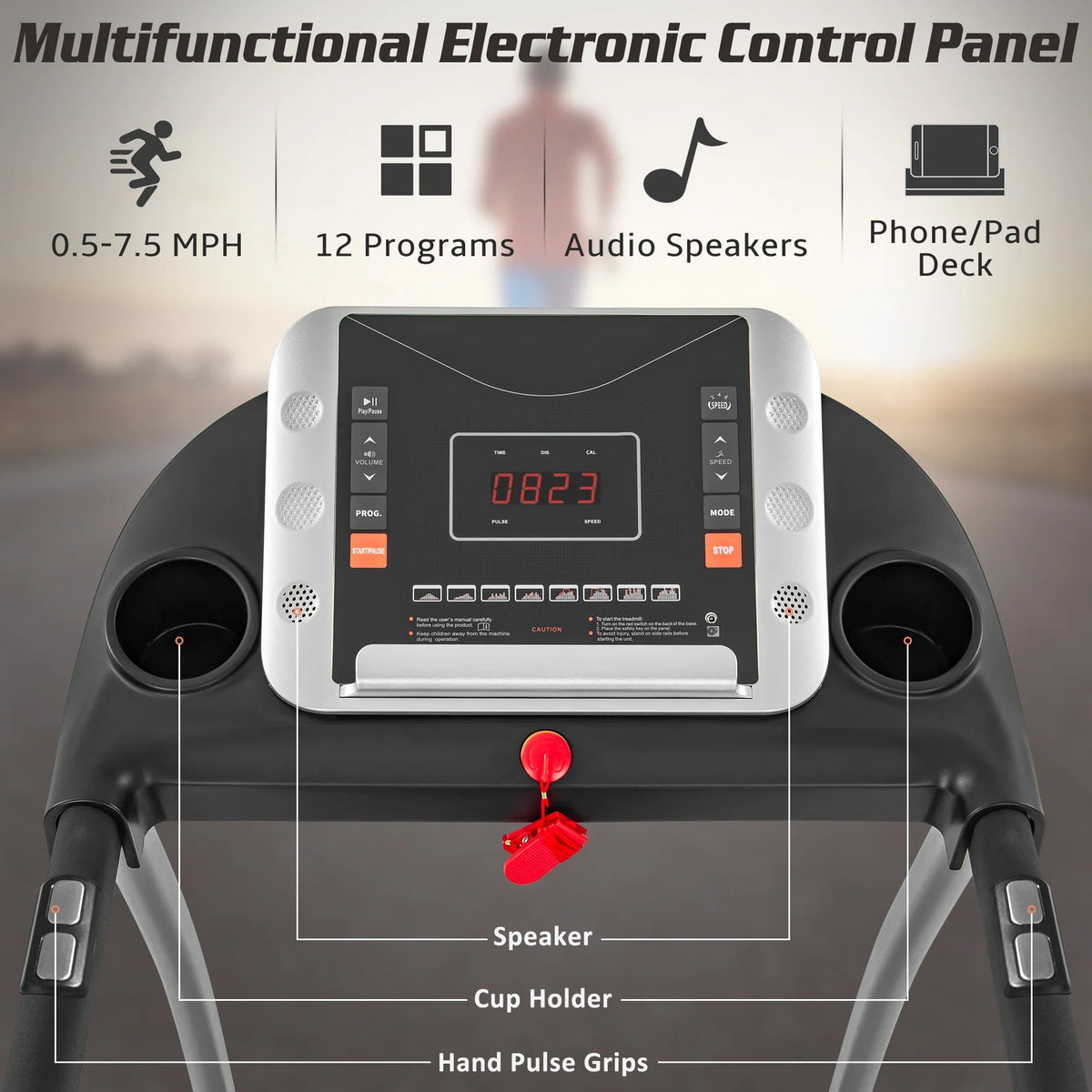 EUROCO Folding Treadmill with 7.5mph Speed, Portable Running Walking Compact Exercise Machine with 12 Preset Program, 3-Level Incline, Device Holder and Pulse Sensor for Home