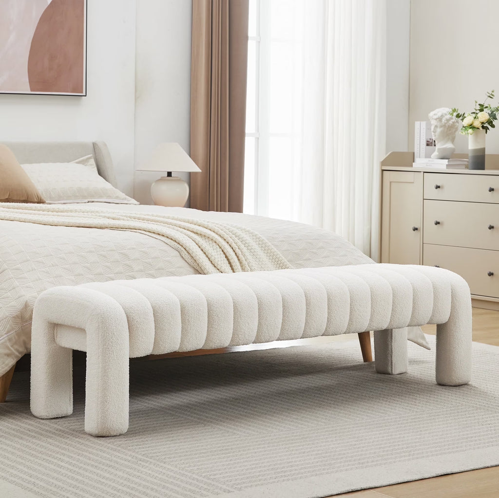 Zesthouse 63" End of Bed Bench, Linen Tufted Upholstered Ottoman Bench with Padded Seat and Solid Wood Leg, Modern Entryway Bench for Bedroom, Living Room, Beige