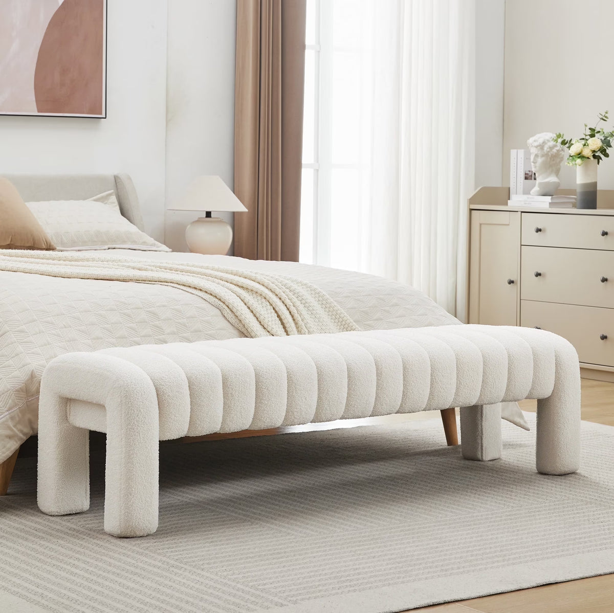 Zesthouse 63" End of Bed Bench, Linen Tufted Upholstered Ottoman Bench with Padded Seat and Solid Wood Leg, Modern Entryway Bench for Bedroom, Living Room, Beige