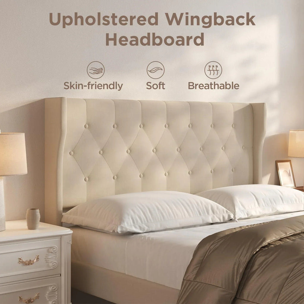 Full Size Bed Frame with Headboard, Under-Bed Storage, 850lbs, Beige