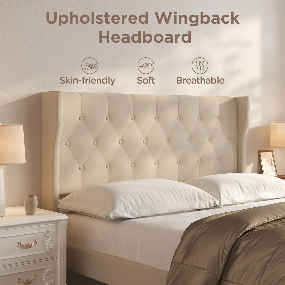 Full Size Bed Frame with Headboard, Under-Bed Storage, 850lbs, Beige