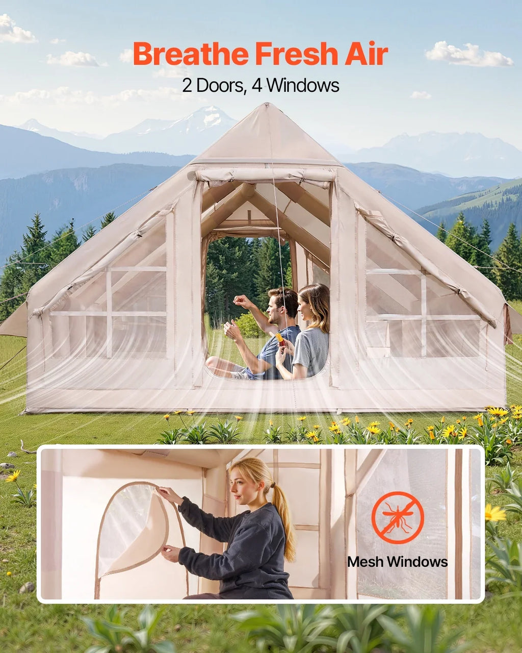 VEVOR Inflatable Tents for Camping, 5-8 Person Easy Setup Blow up Tent with Hand Pump, 300D Oxford Glamping Tent with Stove Jack 2 Doors & 4 Mesh Windows, Storage Bag Included for Easy Taking