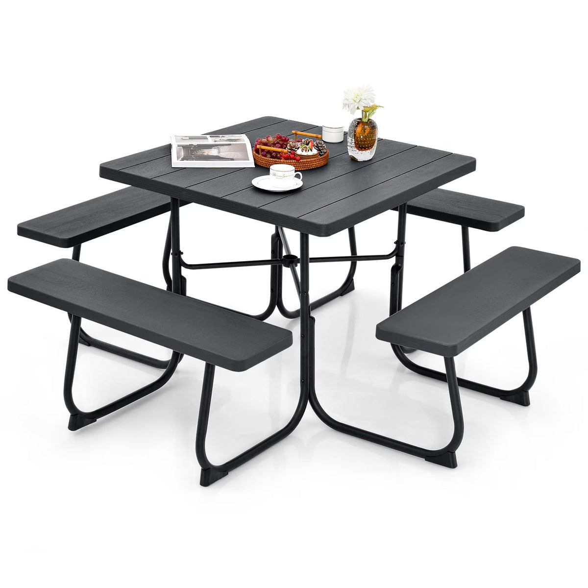 Costway Outdoor 8-person Square Picnic Table Bench Set with 4 Benches & Umbrella Hole White