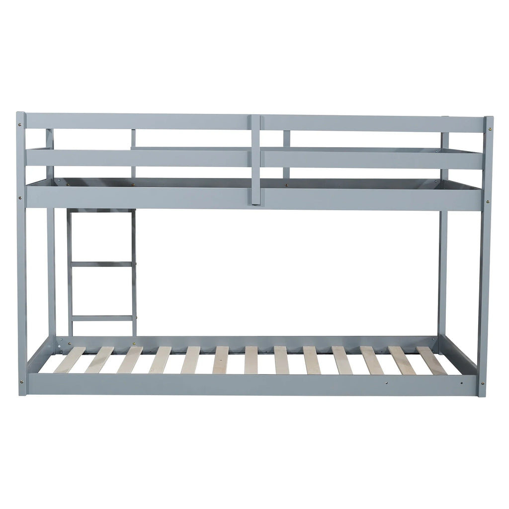 Twin Over Twin Floor Bunk Bed, UHOMEPRO Solid Wood Low Bunk Bed with Safety Rail, Ladder, Heavy Duty Bunk Beds, Space-Saving Bedroom Dorm Furniture, Gray