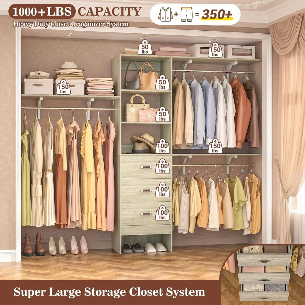Homieasy 96 Inches Closet System, 8FT Walk In Closet Organizer with 3 Shelving Towers, Heavy Duty Clothes Rack with 3 Drawers, Built-In Garment Rack, 96" L x 16" W x 75" H, White