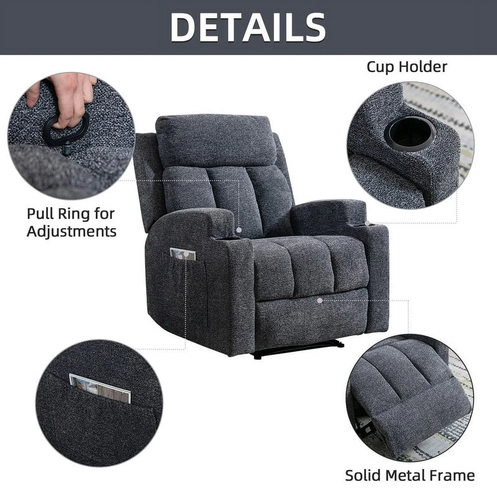 Bonzy Home Heated Manual Massage Recliner with Cup Holder Padded Breathable Fabric Recliner, Home Theater Seating"Navy