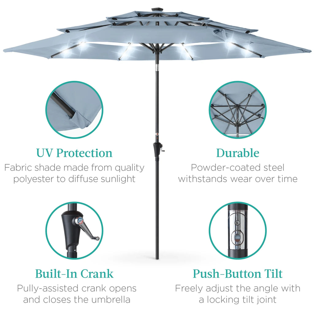 Best Choice Products 10ft 3-Tier Solar Patio Umbrella w/ 24 LED Lights, Tilt Adjustment, Easy Crank - Tan
