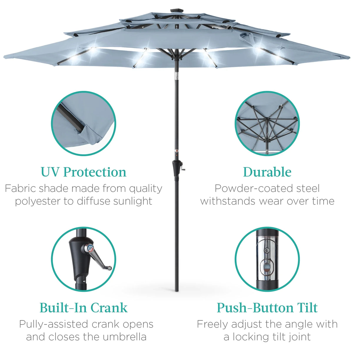 Best Choice Products 10ft 3-Tier Solar Patio Umbrella w/ 24 LED Lights, Tilt Adjustment, Easy Crank - Tan