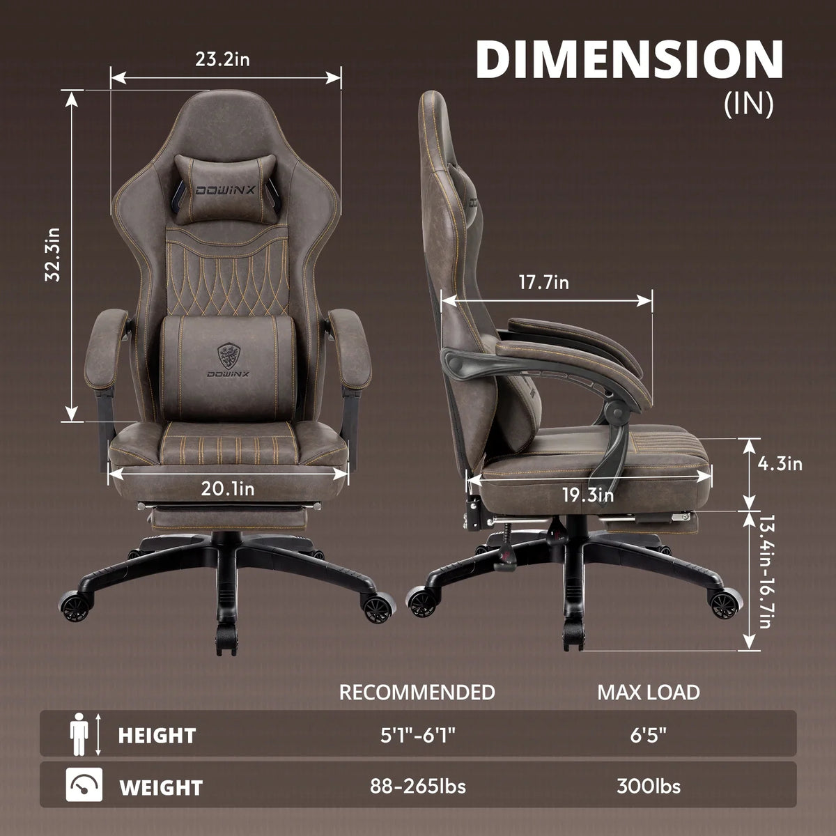 Dowinx Gaming Chair Breathable PU Leather Gamer Chair with Pocket Spring Cushion, Ergonomic Computer Chair with Massage Lumbar Support,Adjustable Swivel Task Chair with Footrest(Brown)
