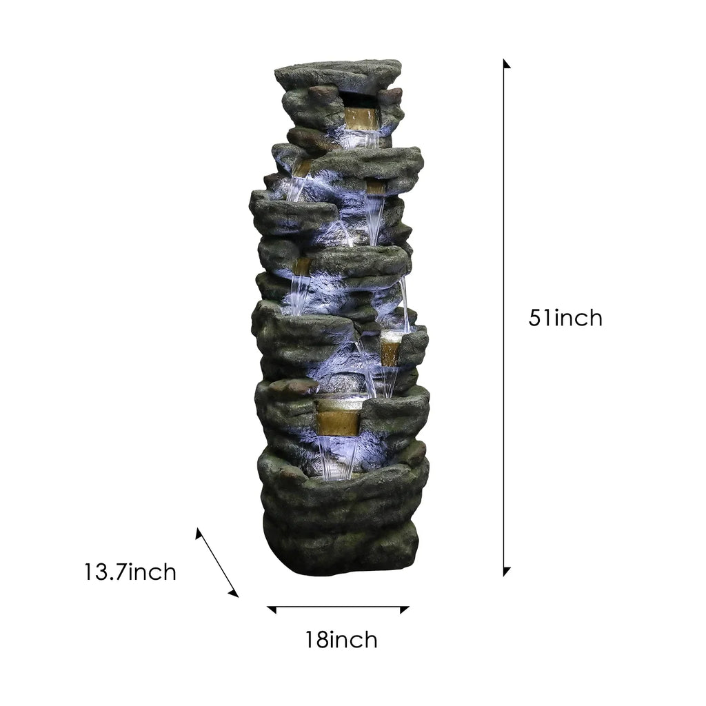 51" H Outdoor Water Fountain - 7-Tiers Rock Waterfall Fountain with LED Lights for Home Garden Decor