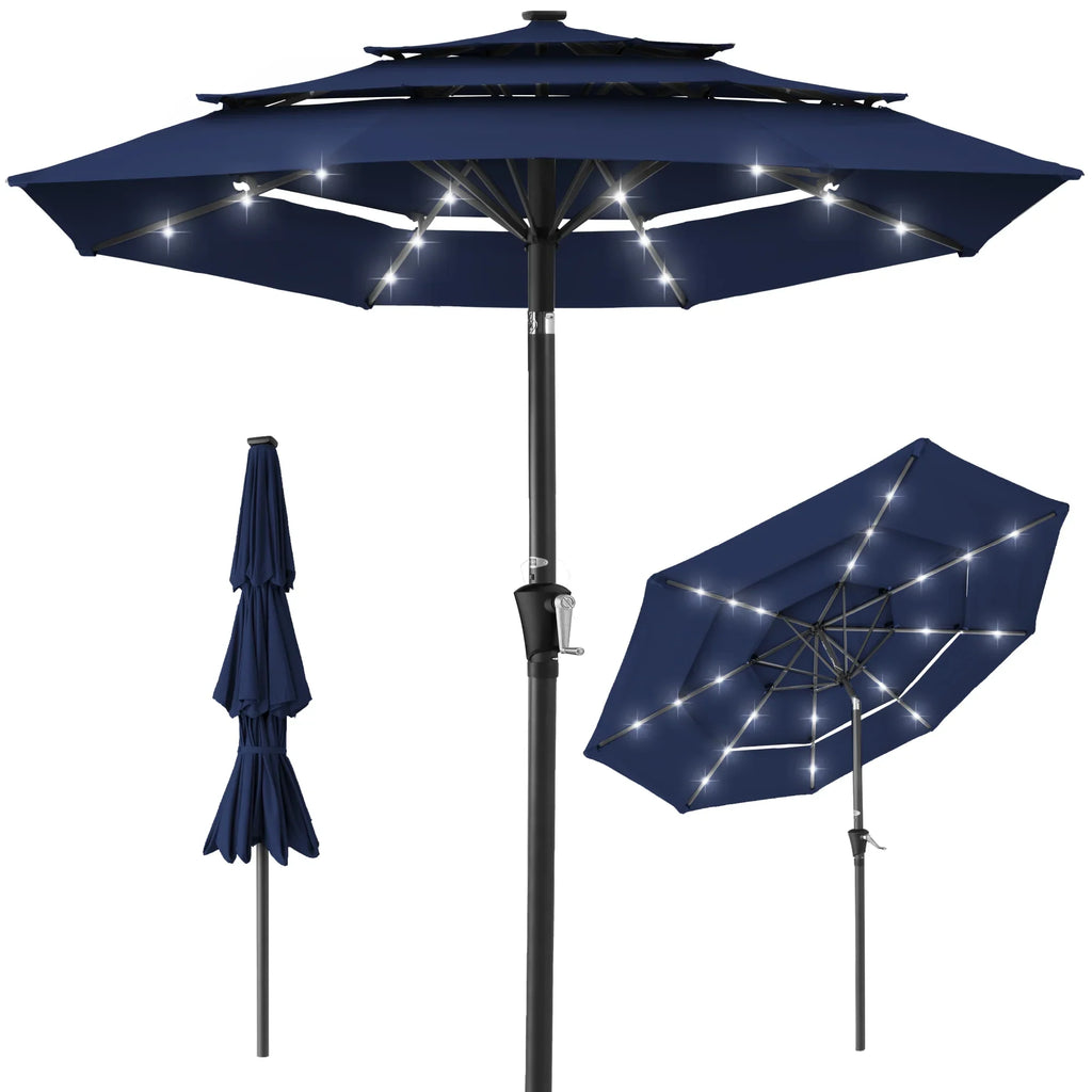 Best Choice Products 10ft 3-Tier Solar Patio Umbrella w/ 24 LED Lights, Tilt Adjustment, Easy Crank - Tan