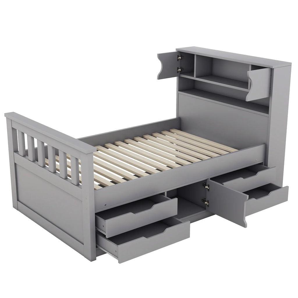 Euroco Wood Twin Size Platform Bed with Storage Headboard, Captain Bed with 4 Drawers, Bookcase and Cabinets, Gray