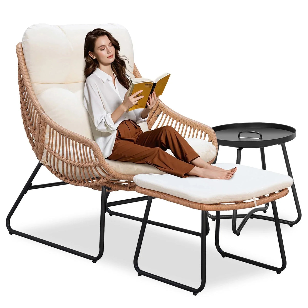 Tappio Wicker Papasan Egg Chair with Ottoman, Outdoor Patio Basket Lounge Chair Indoor Oversized Egg Lounger with Thick Cushion for Living Room Bedroom Balcony Porch, Black