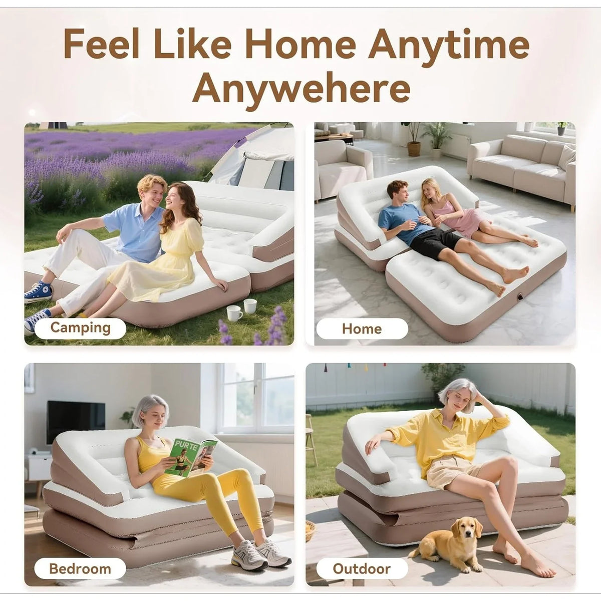 Full Size Air Mattress for Inflatable Portable Blow Up Mattress Sofa Bed with Flocked top-Double Air Couch for Tent Camping(Dark Brown)