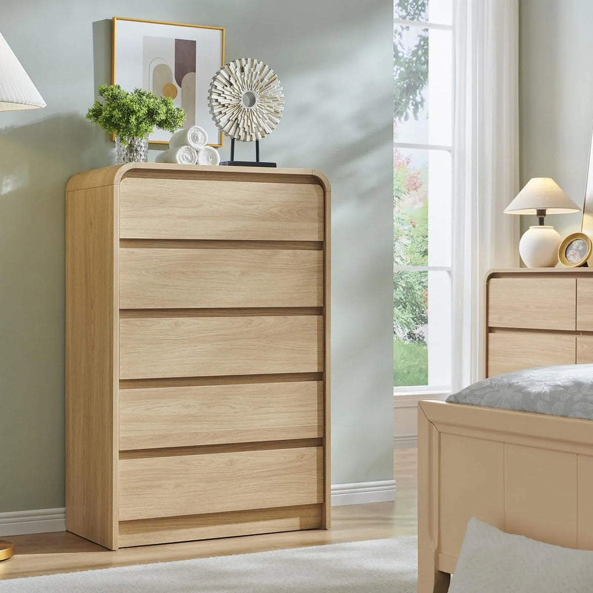 MIHOVER Modern 5 Drawer Vertical Dresser - 45'' Wood Storage Cabinet with Assembly, Chest of Drawers for Bedroom & Living Room