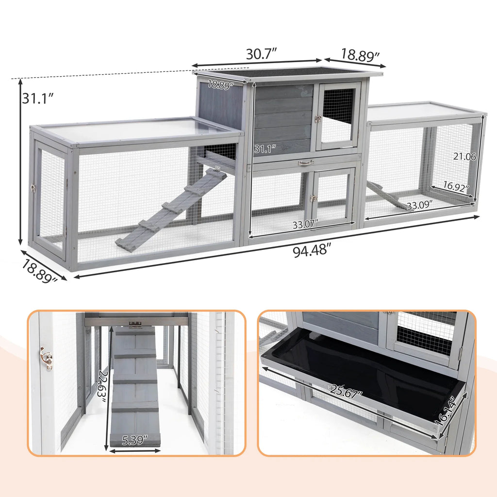 COZIWOW 94'' Wooden Large Rabbit Hutch with Pull Guinea Pig House Chincken Coop Gray