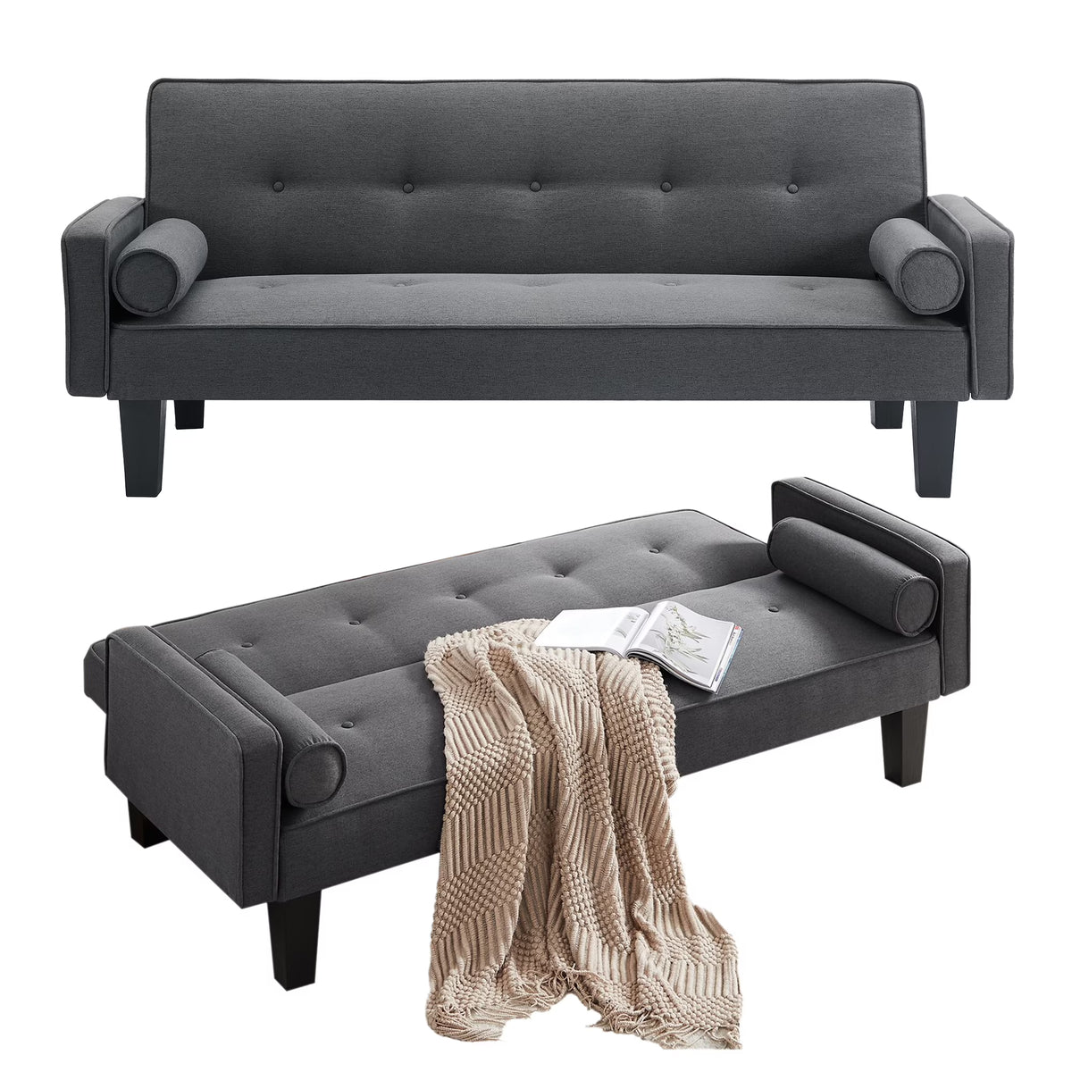 Convertible Futon Sofa Bed,Gray Upholstered Futon Couch Fabric Sleeper Sofa for Living Room Apartment
