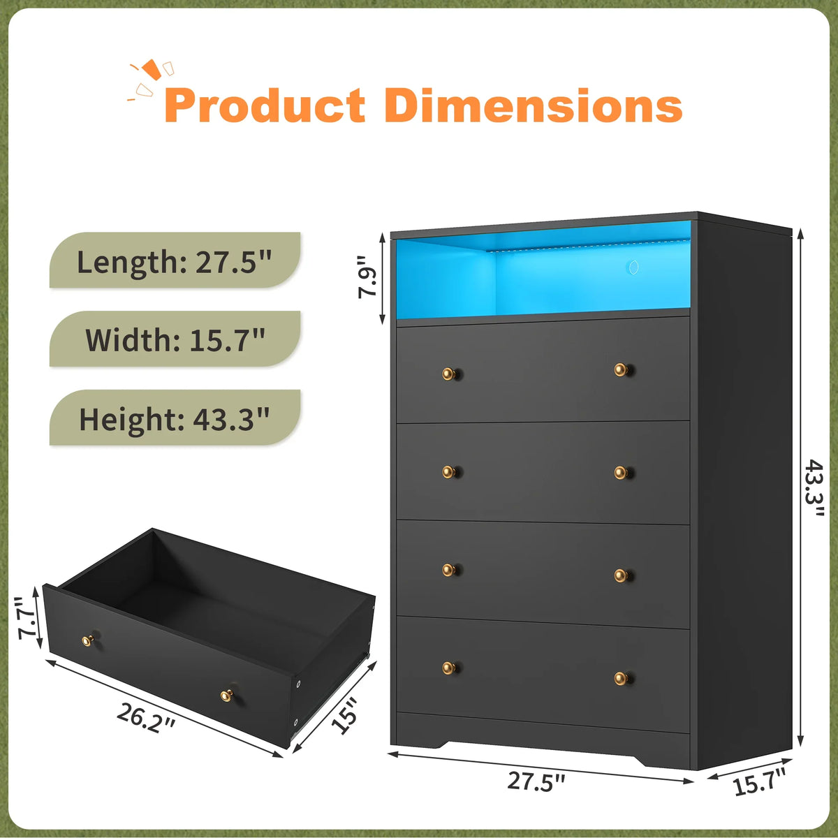 4-Drawer Black Wood Dresser with LED Lights,Modern Chest of Drawers for Bedroom,Living Room