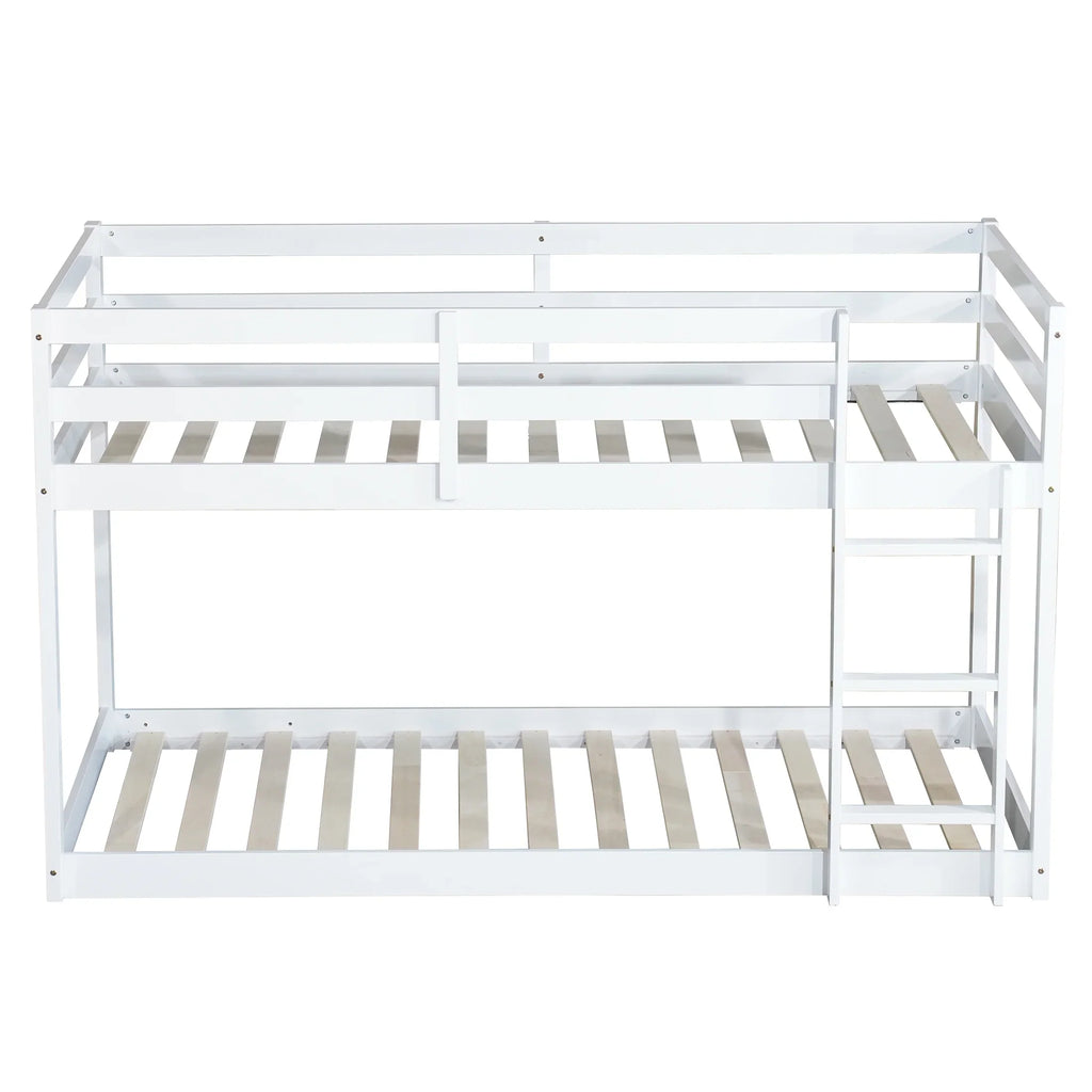 Twin Over Twin Floor Bunk Bed, UHOMEPRO Solid Wood Low Bunk Bed with Safety Rail, Ladder, Heavy Duty Bunk Beds, Space-Saving Bedroom Dorm Furniture, Gray