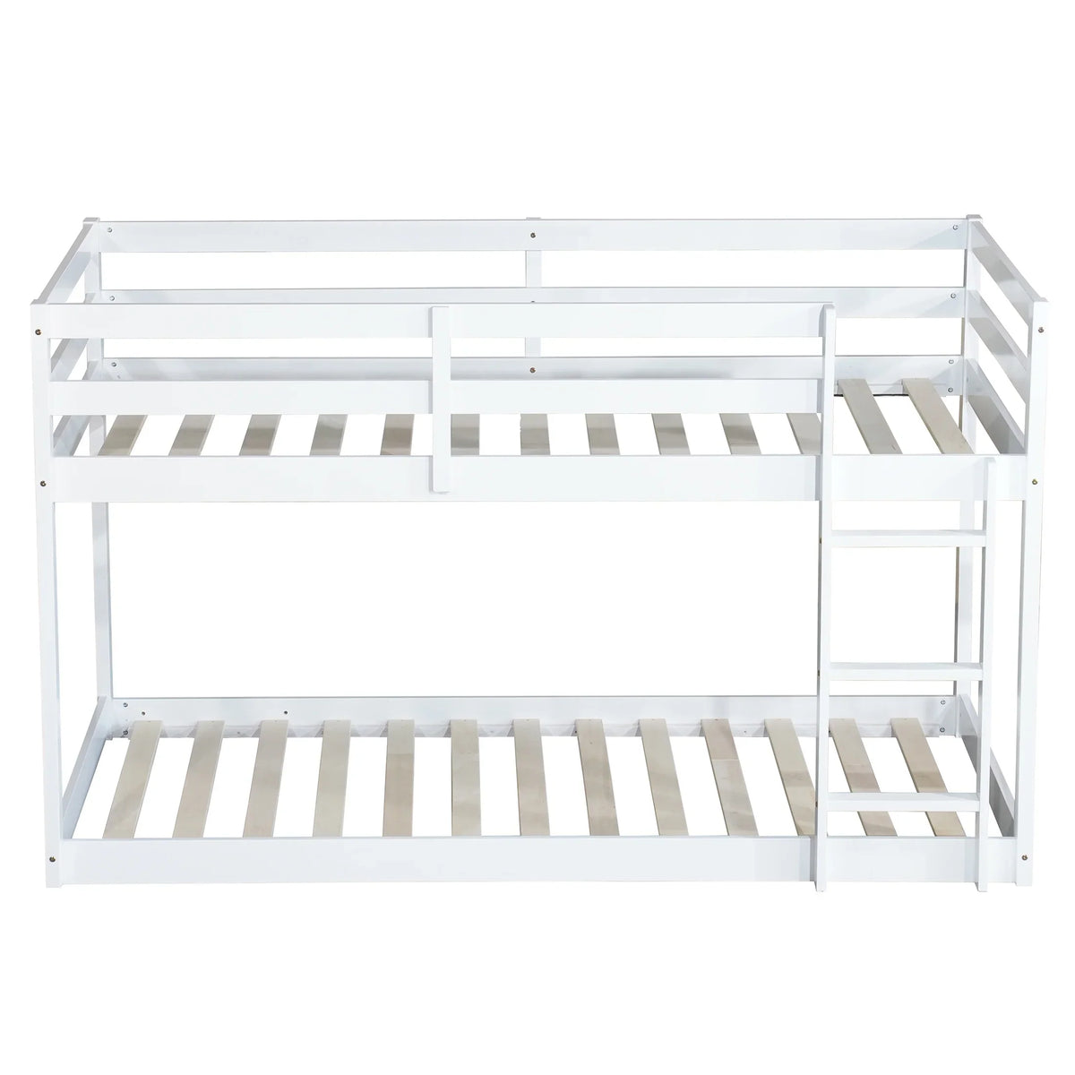 Twin Over Twin Floor Bunk Bed, UHOMEPRO Solid Wood Low Bunk Bed with Safety Rail, Ladder, Heavy Duty Bunk Beds, Space-Saving Bedroom Dorm Furniture, Gray