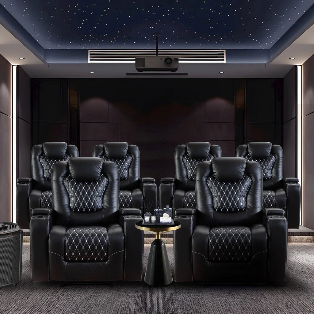 Bonzy Home Overstuffed Electric Home Theater Seating PU Leather Reclining Furniture with with USB Ports and Cup Holders and Hidden Arm Storage - Black