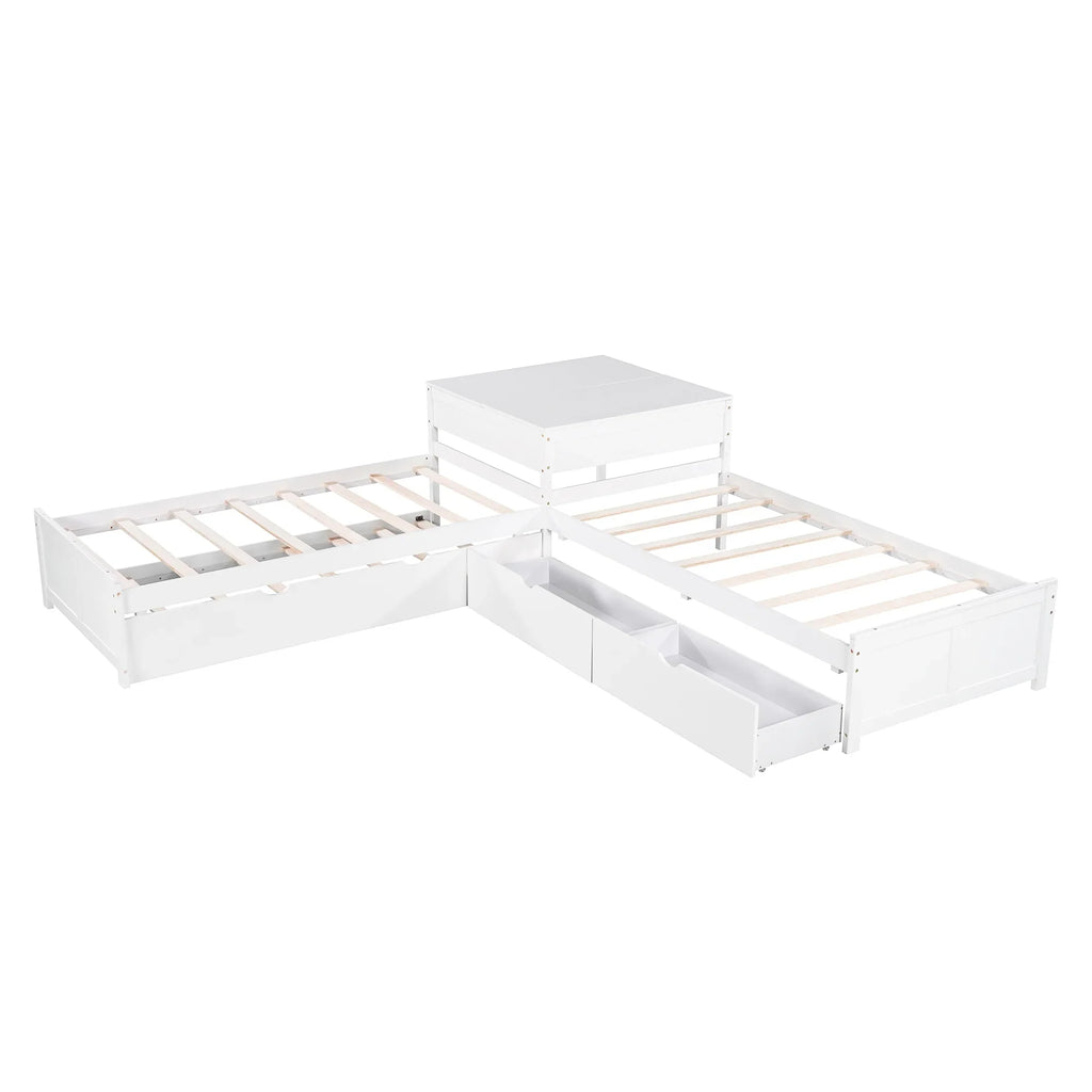 Euroco Wood Twin Size L-Shaped Platform Bed with Square Storage Table for Kids Teens, 2 Platform Beds with Trundle and Drawers for Living Room, 3 Twin Beds, Gray