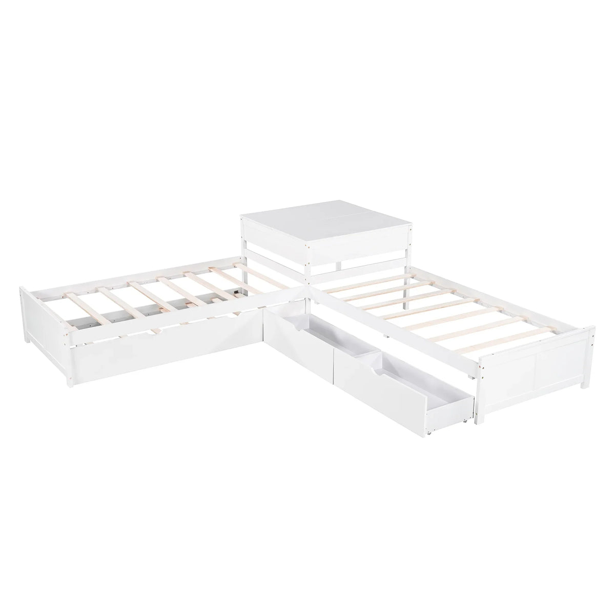 Euroco Wood Twin Size L-Shaped Platform Bed with Square Storage Table for Kids Teens, 2 Platform Beds with Trundle and Drawers for Living Room, 3 Twin Beds, Gray